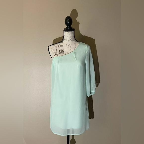Private Gallery Women’s Size Small Mint Green One Shoulder Sheer Dress Lined - Picture 1 of 10